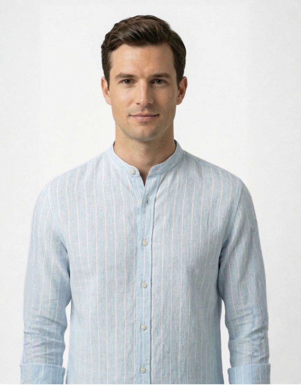 Light Blue Linen Kurta Shirt with Beige Slim-Fit Trousers and Brown Leather Loafers