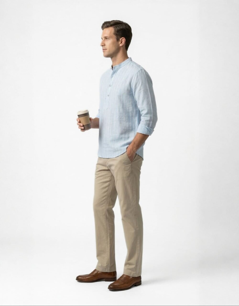 Light Blue Linen Kurta Shirt with Beige Slim-Fit Trousers and Brown Leather Loafers