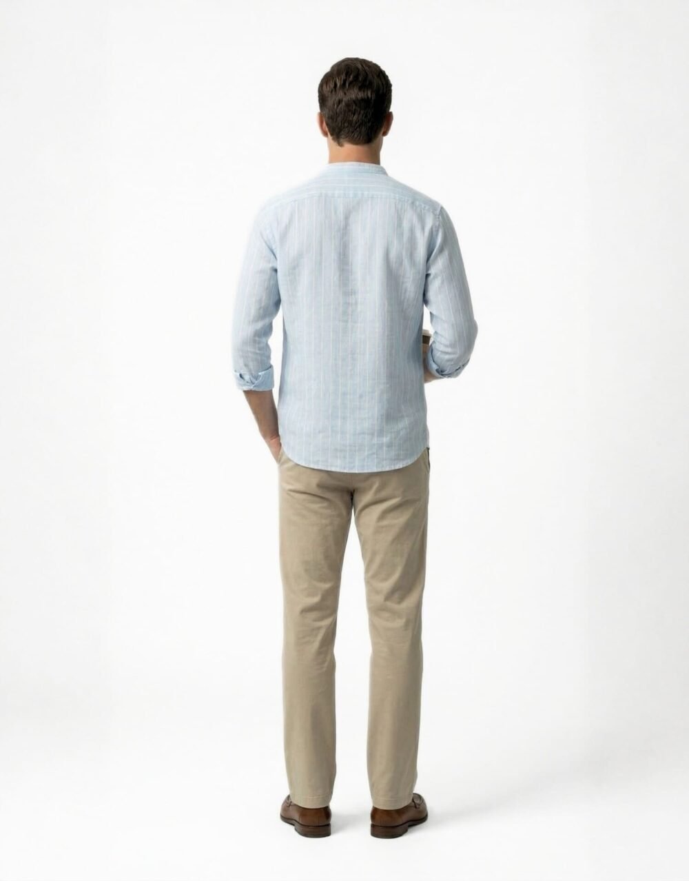 Light Blue Linen Kurta Shirt with Beige Slim-Fit Trousers and Brown Leather Loafers