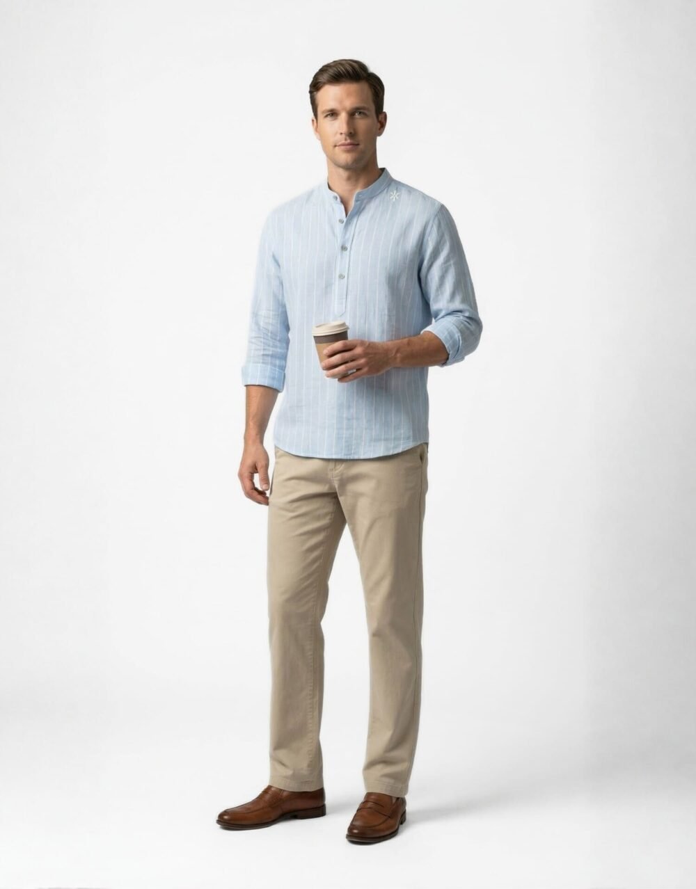 Light Blue Linen Kurta Shirt with Beige Slim-Fit Trousers and Brown Leather Loafers