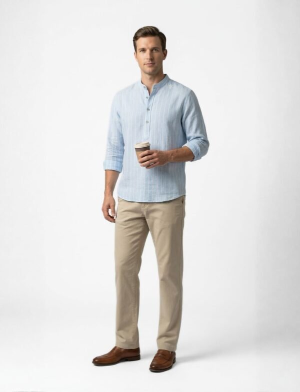 Light Blue Linen Kurta Shirt with Beige Slim-Fit Trousers and Brown Leather Loafers
